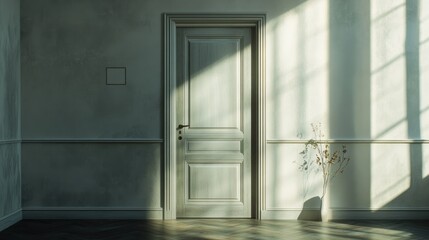 A sunlit room featuring a closed door and a decorative plant, creating a serene atmosphere.
