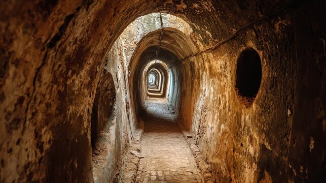 Historical site of the Cu Chi Tunnels in Vietnam, with narrow passageways and hidden entrances, offering a glimpse into the past