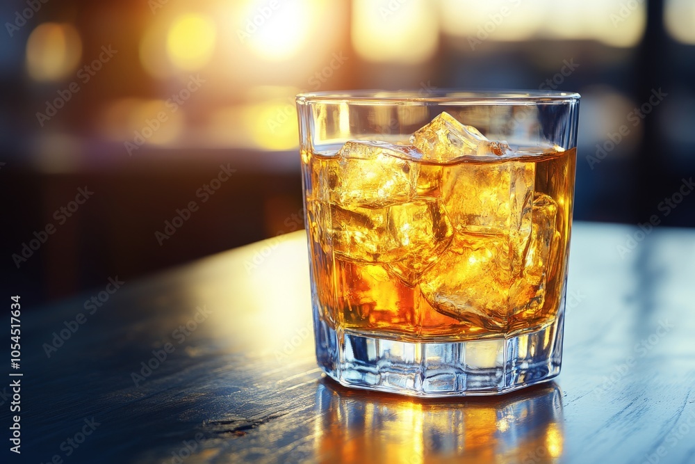 Poster glass of whiskey with ice cubes on reflective surface highlighting golden tones and capturing classi