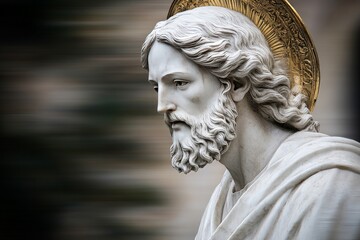 Profile of marble statue with an intense expression blending classical beauty with a sense of stoic reverence and timelessness