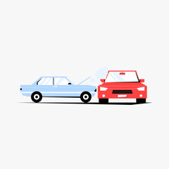 Two cars involved in a collision in flat vector illustration symbolizing road accidents, traffic safety, and car insurance, isolated on white background.