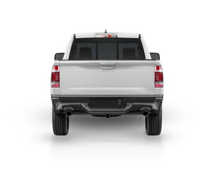 Rear View of White Pickup Truck with Dual Exhaust and Hitch Receiver on Plain Background © Gustavo Comunello