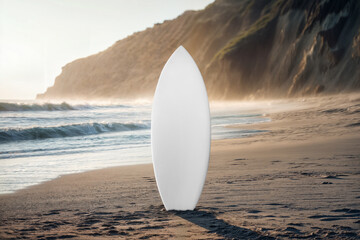 Surfboard Standing Upright in the Sand on a Sunny Beach