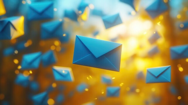 Floating blue envelopes on a vibrant yellow background symbolize modern email marketing and efficient communication in the digital age, virtual messages, letters