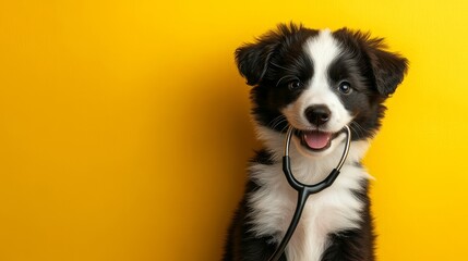 Fototapeta premium Adorable border collie puppy holds a stethoscope in its mouth, symbolizing veterinary care and pet health. Isolated on a cheerful yellow background.