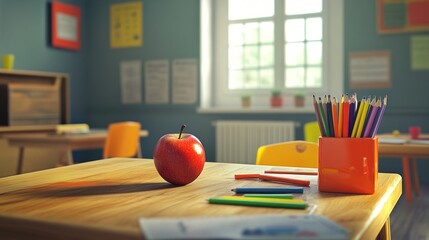 A classroom scene featuring an apple on a desk with colorful pencils and educational materials.