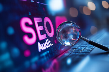 Graphs of rising web traffic with a magnifying glass hovering over a keyword search bar labeled "SEO Audit."