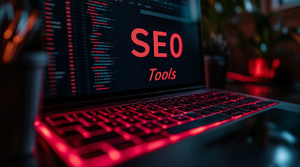 Desktop with "SEO Tools" labeled icons for backlinks, keywords, content analysis, and technical SEO.