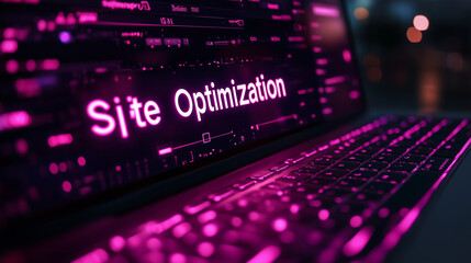 "Site Optimization" text with simplified page layout icons for SEO improvements like speed and meta tags.