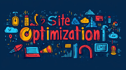 "Site Optimization" text with simplified page layout icons for SEO improvements like speed and meta tags.