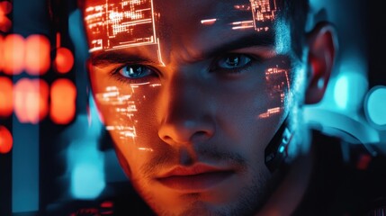 A close-up of a young man with digital interfaces projected on his face, suggesting technology.