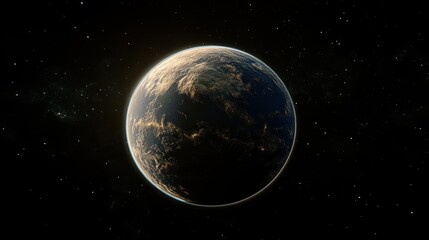 Fototapeta premium A distant planet viewed from space, showcasing its surface and atmosphere.