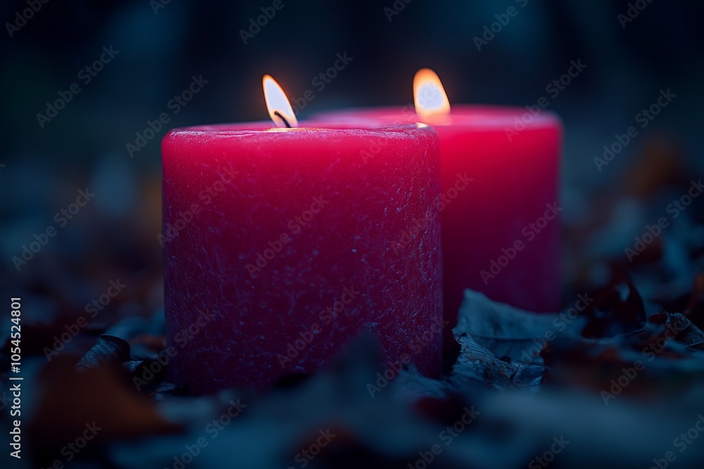 Poster red candles in a dark autumn forest setting capture warmth and mystery creating a peaceful yet sligh