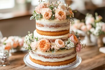 rustic wedding cake, a quaint wedding cake decorated with flowers and greenery, creating a charming rural atmosphere for an intimate wedding