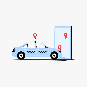 Taxi car with mobile phone displaying location markers in flat vector illustration symbolizing transportation service, taxi app, and online booking, isolated on white background.