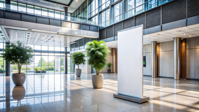 Modern lobby interior with blank banner for advertising and green plants in bright light
