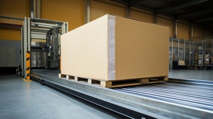 A large cardboard box on a pallet in an industrial setting, ready for transport.