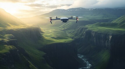 Fototapeta premium A drone flies over a scenic valley with lush green hills and a river running through it. The sun is setting in the background, casting a warm glow over the landscape.