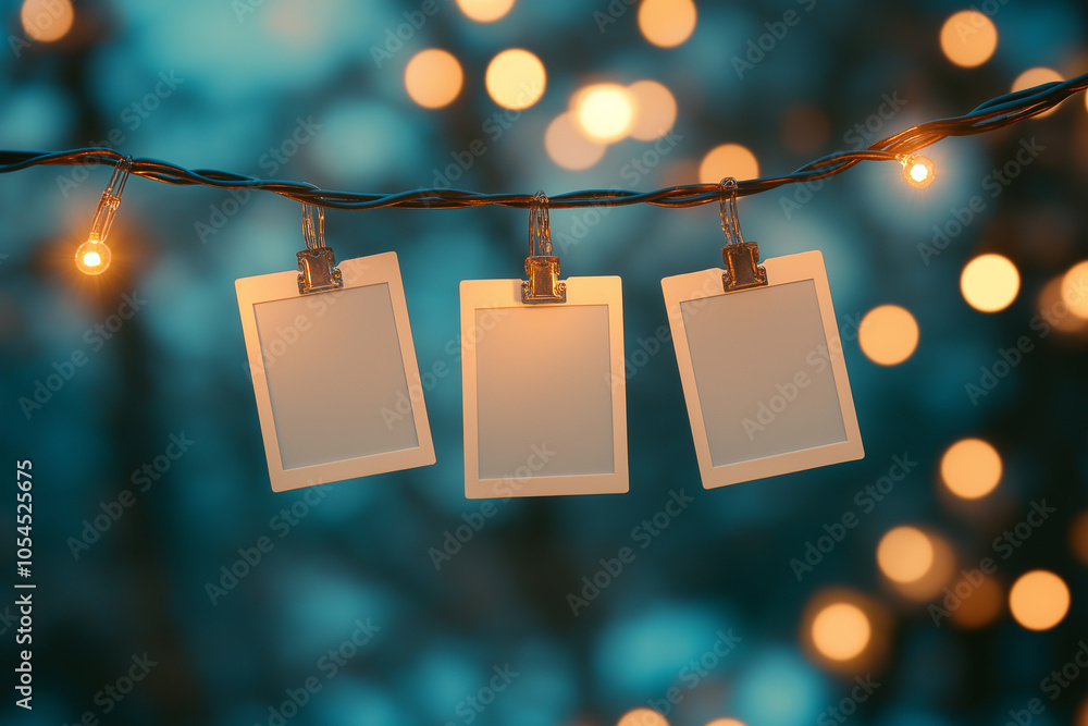Poster blank photo frames hanging on string lights with bokeh background