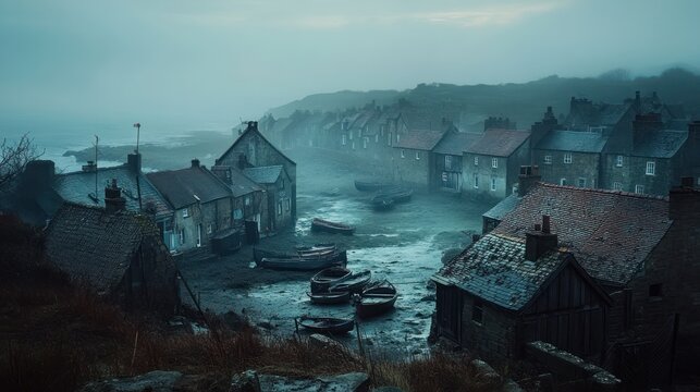 A misty, atmospheric scene of a small coastal village with traditional stone houses and boats on the shore.