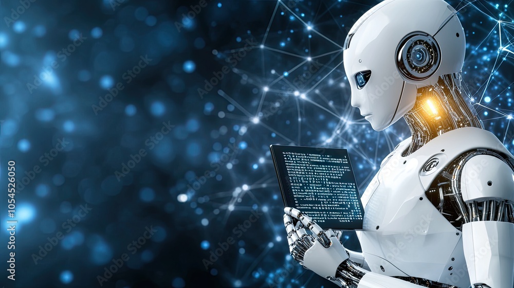 Poster a white humanoid robot examines programming code on a computer screen, set against a deep blue backd