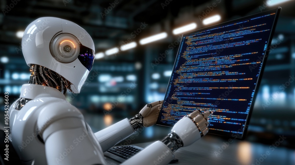 Poster a white humanoid robot examines programming code on a computer screen, set against a deep blue backd