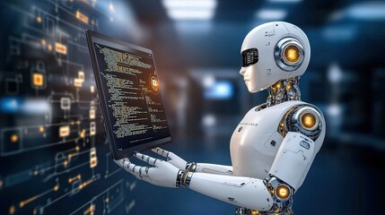 A white humanoid robot examines programming code on a computer screen, set against a deep blue backdrop, highlighting futuristic innovation