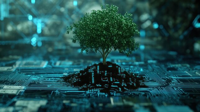 A tree growing from a digital circuit board, symbolizing the intersection of nature and technology.