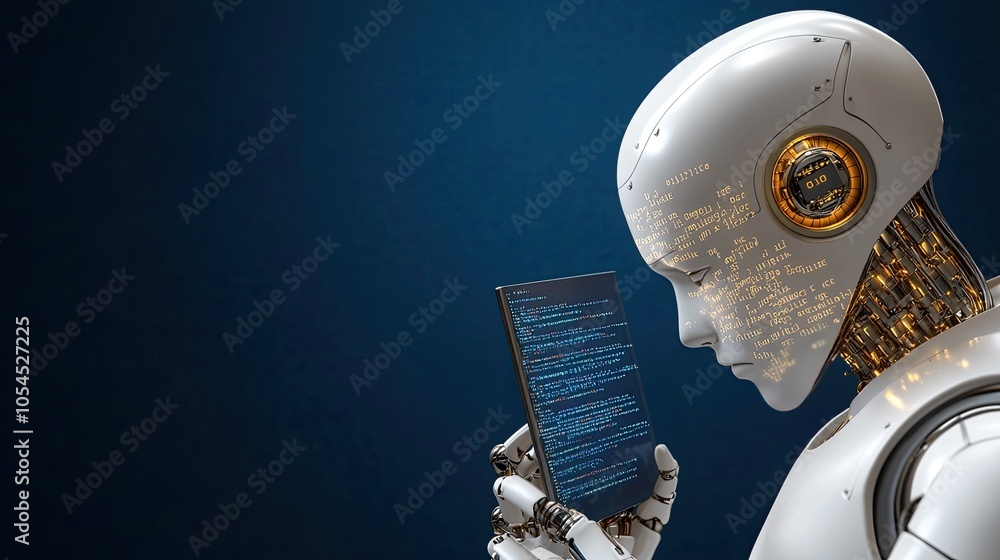 Poster a white humanoid robot examines programming code on a computer screen, set against a deep blue backd