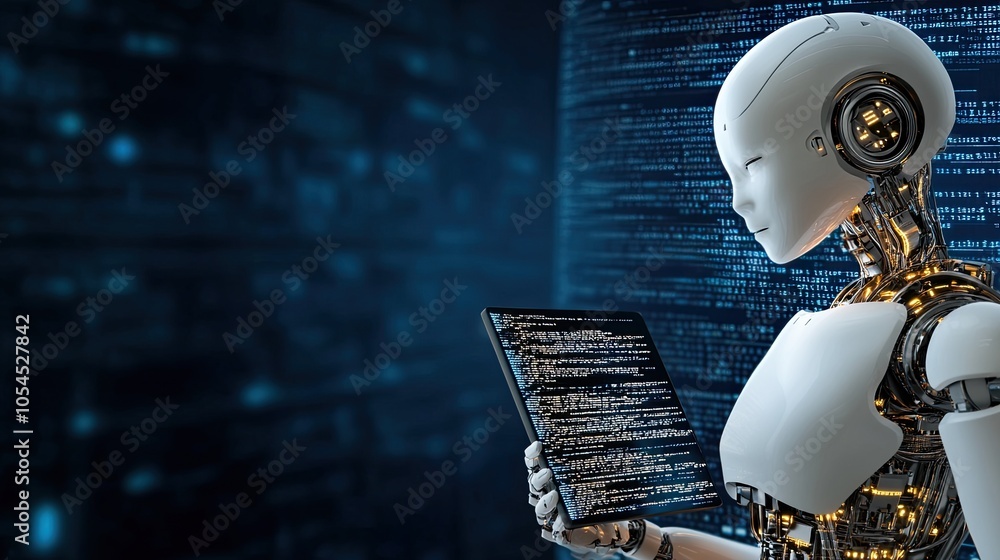 Poster a white humanoid robot examines programming code on a computer screen, set against a deep blue backd