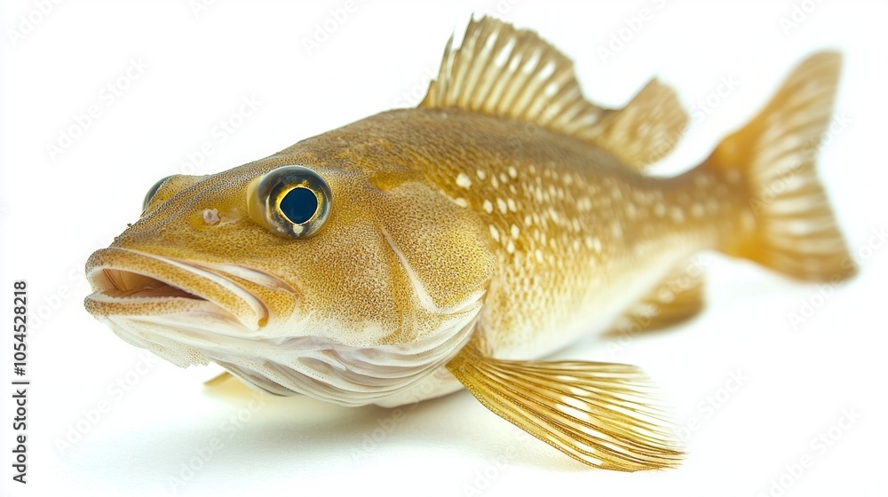 Poster pacific cod known scientifically as gadus macrocephalus is positioned against a pristine white backd