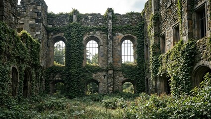 Mystical ancient castle with ivy covered walls and overgrown foliage