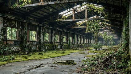 Fototapeta premium Abandoned warehouse reclaimed by nature with moss covered walls and trees growing inside
