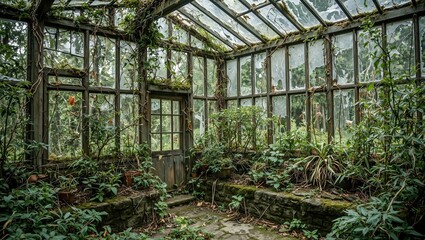 Abandoned greenhouse with shattered glass overgrown plants and moss covered stone floor