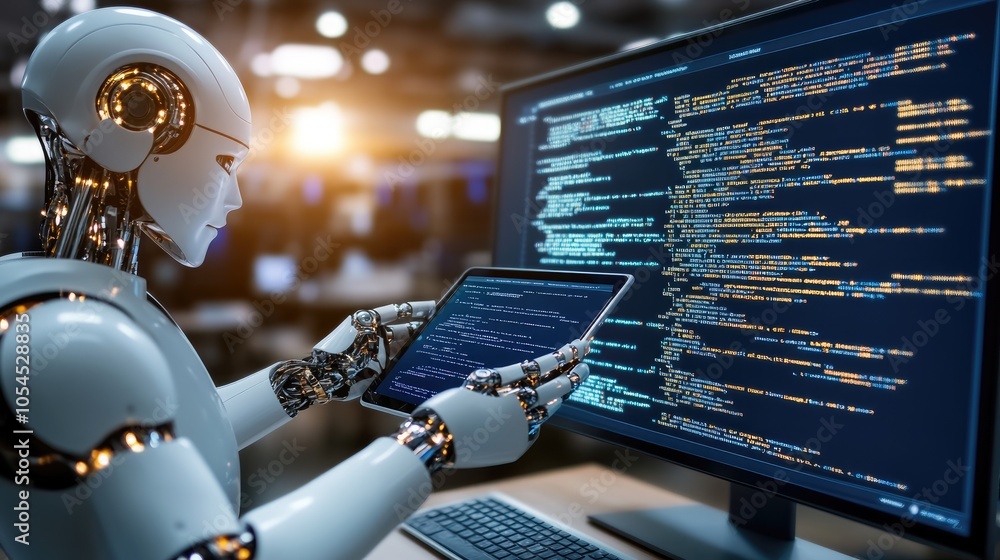 Poster a white humanoid robot examines programming code on a computer screen, set against a deep blue backd