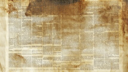 Fototapeta premium Newspaper with old unreadable text. Vintage grunge blurred paper news texture horizontal background. Textured page. Sepia collage. Front top view