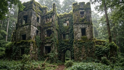 Obraz premium Overgrown stone castle in enchanted forest