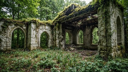 Abandoned stone chapel in forest roof collapsed mossy walls wildflowers inside vines on altar