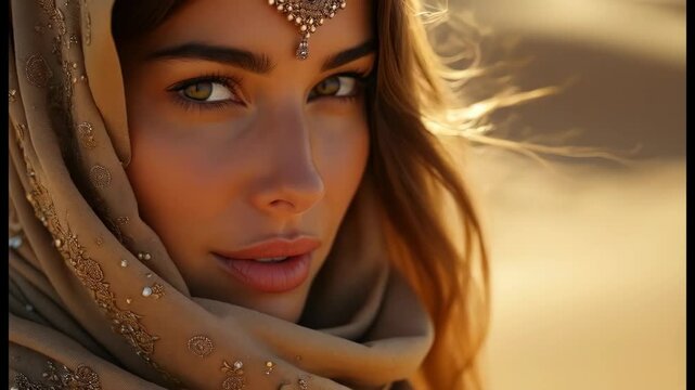 Portrait of arab woman. Sand dunes in bokeh background. Intense gaze. Princess of beauty, queen of the desert concept.