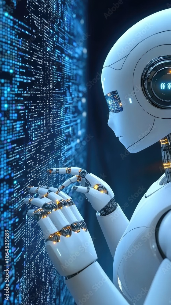 Poster a white humanoid robot examines programming code on a computer screen, set against a deep blue backd