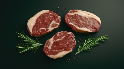 Delicious steaks are artfully arranged with rosemary and spices against a black backdrop, highlighting their juicy texture and quality