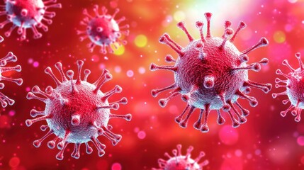 Close-up view of virus particles on a colorful background, illustrating microscopic life.
