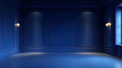 Royal blue empty Studio room for product placement or as a design template with wall angle in a full frame view