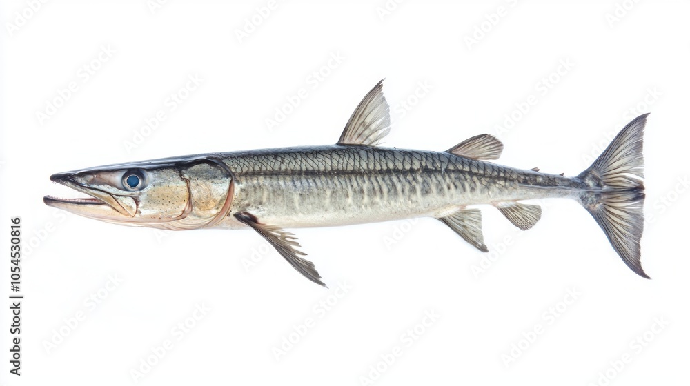 Poster barracuda exhibits its elongated body and sharp teeth while isolated against a white backdrop highli