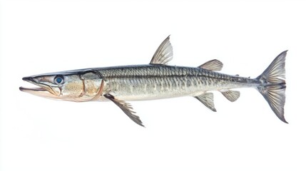 barracuda exhibits its elongated body and sharp teeth while isolated against a white backdrop highlighting its predatory nature and unique characteristics.