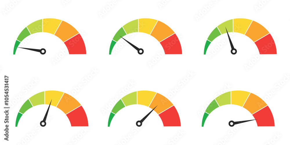 Poster scale, speedometer, gauge meter icons. level of performance. dashboard with arrows. speed dial indic