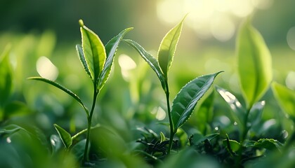 Obraz premium Fresh tea buds and leaves captured in a natural setting