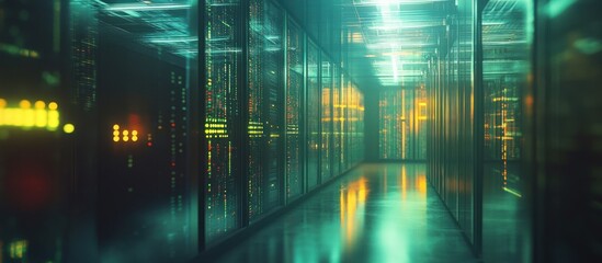 A futuristic data center with glowing servers and reflective floors.