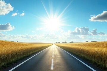 Naklejka premium Sunny Road Through a Field of Gold