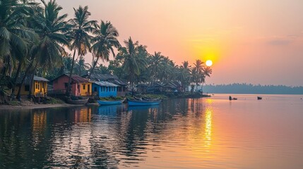 Obraz premium Indian coastal landscape with palm trees and a small fishing village, the sun setting over the ocean